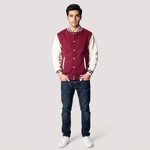 <b>Mens</b> Maroon <b>White</b> Varsity Style <b>Jacket</b> Striped Ribbed Trim Covered Button Closure Breathable Front Lightweight Casual Urban - Product Image 1