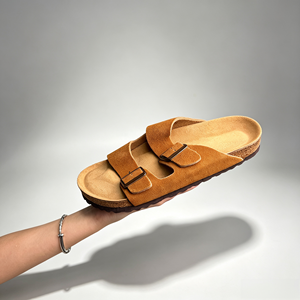 Factory Direct Suede Leather Double Strap Sandals Wholesale Low MOQ Two Band Cork Foot <b>Bed</b> <b>Slides</b> for Men Women Adults OEM ODM - Product Image 1