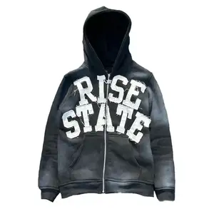 Hoodie ritsleting kustom vintage hoodie crop jaket ritsleting polos distressed untuk pria