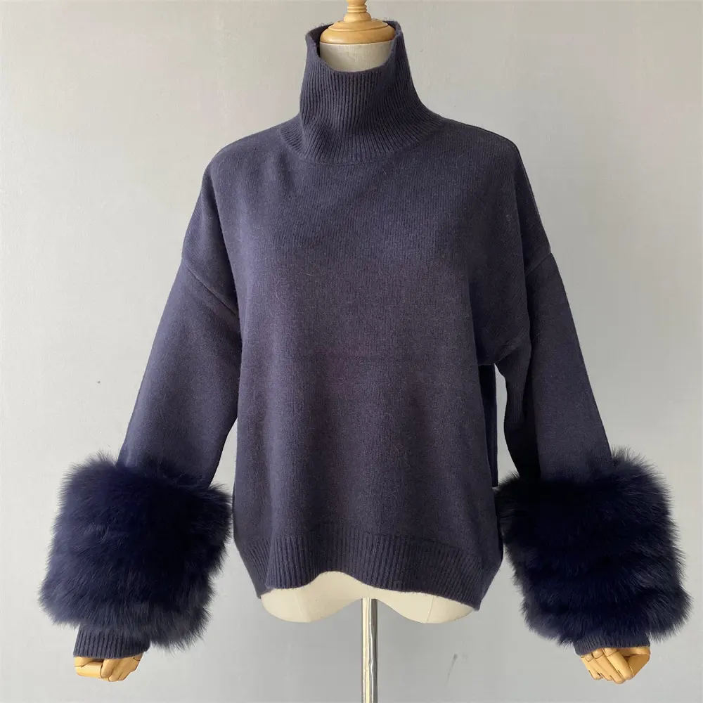 High Quality Wool Cashmere Winter Stylish Pullover Knit Sweater with Real Fox Fur Cuffs Soft Warm Women Pullover Fur Sweater
