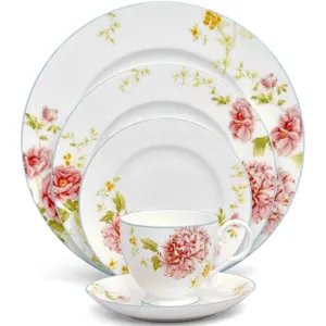 Luxury Royal Floral Decal Design 20pcs Restaurant Home Kitchen Bone China Porcelain Dinner Plates Bowls Set Dinnerware