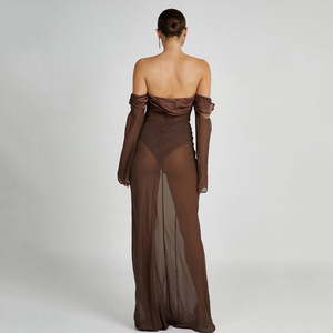 Off The Shoulder Strapless Long Dress Sheer Long Sleeve Translucent Cocktail Dress For Women Autumn Fashion - Product Image 3