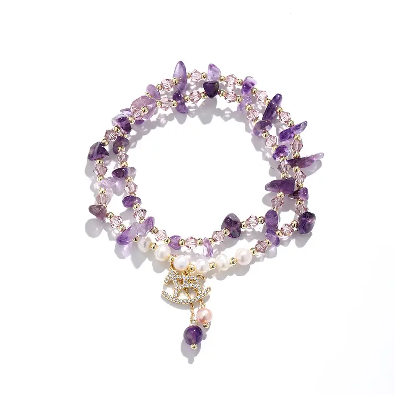 Wholesale Irregular Natural Crystal Chakras Stone Fashion Accessory Bracelet Beads Pink Quartz Amethyst Bracelet