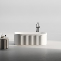 Baignoire autoportante en pierre artificielle, finition mate, design rainuré, baignoire ovale de luxe pour la maison, l'hôtel, la villa, la salle de bain