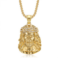 Collier pendentif tête de Jésus en acier inoxydable Novirassine, couronne d'épines, cristal, bijoux religieux, cadeau, accessoire hip-hop, fête