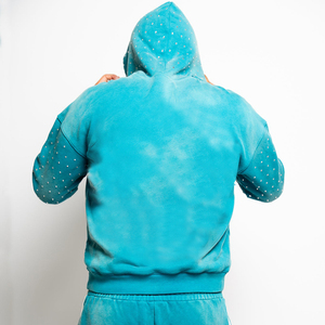 OEM Custom Heavyweight Sweatsuits Two Pieces Distressed Embroidery <strong>Patch</strong> Gym <strong>Shorts</strong> and Acid Wash Rhinestone Hoodie Sets for <strong>Men</strong> - Product Image 2