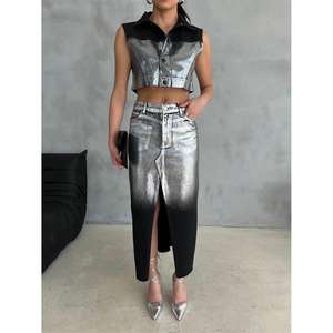 Chaleco Corto de Mezclilla Negro para Mujer, Estilo Urbano, con Cierre de Cinturón, Tejido Lavado, Acolchado de Algodón, para Primavera/Verano - Product Image 2