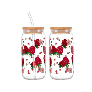 Taza de vidrio de fresa de 16oz con tapa de bambú y pajita, vasos transparentes resistentes al calor para beber agua, tazas de café ecológicas - Product Image 2