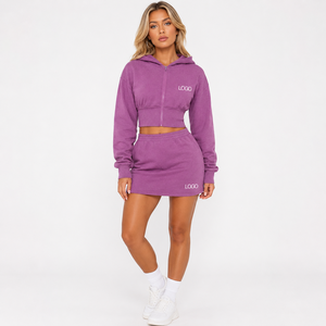 Set da Donna 2 Pezzi Personalizzato con Logo OEM: <span class=keywords><strong>Felpa</strong></span> Corta con Zip e Minigonna Aderente a Vita Alta, Outfit Casual Streetwear - Product Image 2