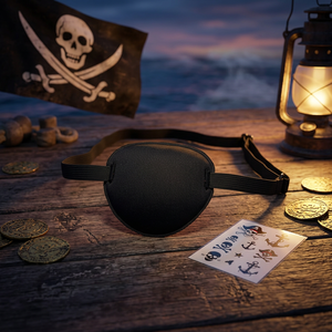 Cache-œil de pirate noir en soie, motif crâne, pour costume de capitaine pirate, idéal pour Halloween, cosplay et fêtes, avec logo - Product Image 1