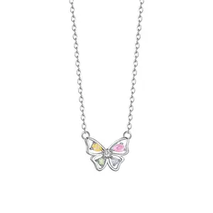 Colar de prata esterlina 925 em forma de borboleta com pingente de pingente de zircônia cúbica colorida e corrente de pedra de diamante colar de fantasia para meninas
