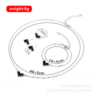 Geometric Jewelry <b>Set</b> 925 <b>Silver</b> Rhodium Plated Black Princess Cut Stones Minimalist Women's Everyday Wear <b>Necklace</b> Earrings - Product Image 6