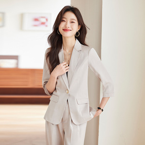 Women's Light Blue Summer Suit Set Three Quarter Sleeve Crepe Fabric Breathable Elegant Style For Office Wear - Product Image 2