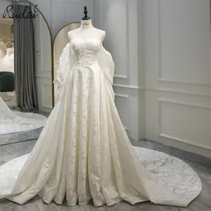 Ruolai QD06120 Váy Cưới Cổ Chữ A Tay Dài Có Thể Tháo Rời Váy Cưới In Hoa 3D Và Sash Wedding Dress Gown