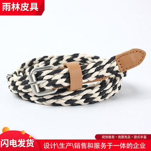 Ceinture en coton et lin pour femme, 80-105 cm, élastique, tissée, avec boucle à ardillon, décontractée, pour étudiante, noire et blanche, tricotée - Product Image 5