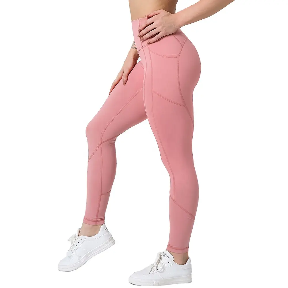High Waist Custom Sublimation Gym Leggings Breathable Pink Yoga PantsとPocket