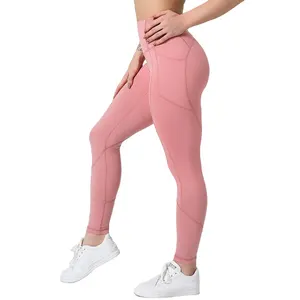 Legging Gym Sublimasi Kustom Pinggang Tinggi Celana Yoga Merah Muda Bersirkulasi dengan Saku