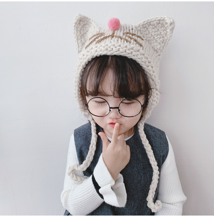 Детская вязаная шапка, однотонная милая детская шапка с мультяшным котом, с защитой от ветра, шерстяная шапка для мальчиков и девочек, Осень-зима