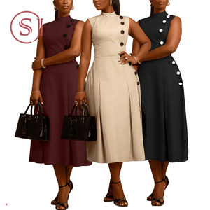 S10993 Vestidos <span class=keywords><strong>de</strong></span> Verano <span class=keywords><strong>de</strong></span> Moda para <span class=keywords><strong>Mujer</strong></span>, Casuales, Elegantes, <span class=keywords><strong>de</strong></span> Cintura Alta, Cuello Alto, Sin Mangas, Vestido <span class=keywords><strong>de</strong></span> Oficina para <span class=keywords><strong>Mujer</strong></span> con Botones - Product Image 1