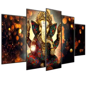 Stretched Canvas Custom 5 pieces Hindu Religious Painting Canvas Ganesh Hidu God Elephant Canvas Printing Service