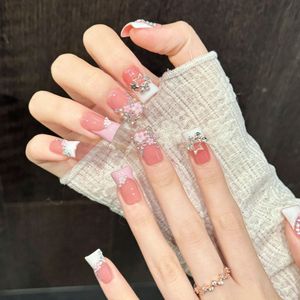 Uñas Acrílicas Y2K al por Mayor, Color Naranja y Rosa Degradado, con Flores 3D y Pedrería, 10 Piezas, Hechas a Mano y Personalizadas - Product Image 5