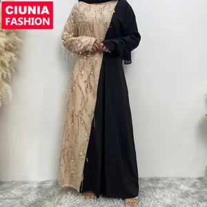 16168# Fashionable Beige And Black Two Color Splice With Small Sequins Tassel Women Popular Abaya Dress