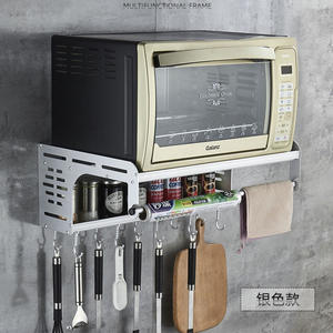 Étagère murale pour micro-ondes en argent, simple niveau, robuste, avec crochets pour ustensiles et serviettes - Product Image 1