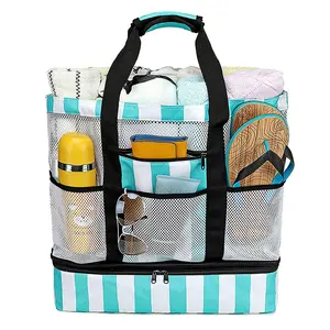 Multifunction detachable Mesh Beach Tote Insulated Cooler Storage Bag with Bottom Compartment for Travel Picnic