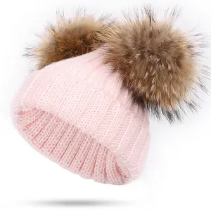 winter baby knit hat with two fur pompoms boy girls natural fur ball beanie kids caps double real fur pom pom hat for children