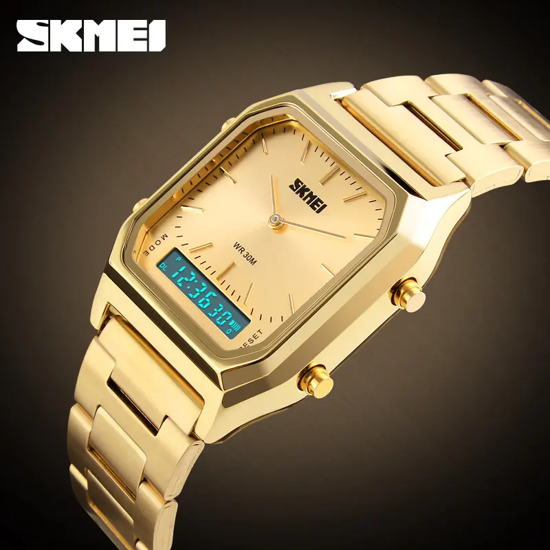 SKMEI 1220 Men's Fashion Casual Gold Quartz Watches LED Digital Dual Time Sport Watches Chronograph Waterproof Wristwatch