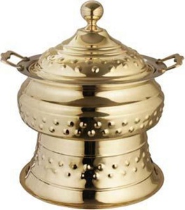 Golden Circular Chafing Dish with Lid and Handles for <b>Warming</b> Food - Product Image 1