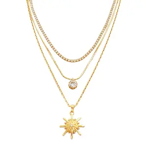 Fashion Multiple layers Necklace for women six-star charm gold color choker crystal drop Collares Femake Party Jewelry
