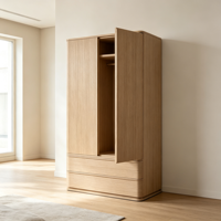 Armoire minimaliste nordique en chêne massif à 2 portes avec 2 tiroirs, tringle de suspension et sans poignées, meuble de rangement pour chambre, appartement, hôtel