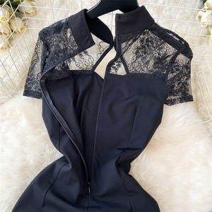 Customized Lace Panel Black <strong>Dress</strong> <strong>Women's</strong> Waist Split Wrap <strong>Funeral</strong> Black Lady <strong>Dress</strong> - Product Image 4