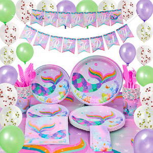 Platos y Vasos de Papel Personalizados, Juego de Artículos para Fiesta de Sirena para Cumpleaños de Niña - Product Image 1