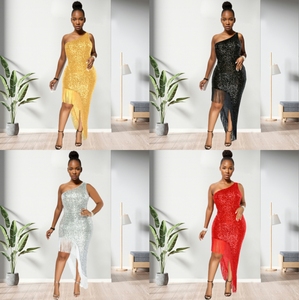 ชุดราตรีประดับเลื่อมไหล่ข้างเดียวมีพู่ประดับสำหรับออกงานปาร์ตี้ตอนเย็นแฟชั่น - Product Image 2