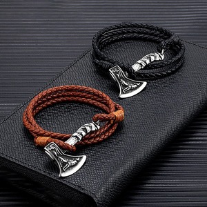 Bracelet en cuir tressé double brin avec hache viking nordique yunnique, bijoux pour homme en acier inoxydable, cadeau - Product Image 3