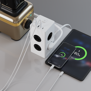 ปลั๊กพ่วงแบบทาวเวอร์ 8 ช่องเสียบ สายไฟ EU 17W 2 พอร์ต USB-A 2 พอร์ต USB-C มาตรฐาน EU สำหรับอุตสาหกรรม CE/KC ปลั๊กไฟแบบหมุนได้ 90 องศา สายยาว 2 เมตร - Product Image 2