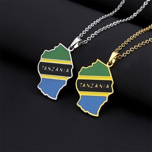 Collar con Mapa de Tanzania en Oferta, Collar con Mapa Nacional Africano, Collar con Bandera Personalizada en Esmalte, Collar con Colgante de Acero Inoxidable Dorado - Product Image 1