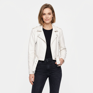 Chaqueta de cuero blanca impecable con cinturón para mujer, estilo biker, con cremallera frontal asimétrica, cuello de solapa, manga larga, chaquetas de cuero blancas modernas - Product Image 1