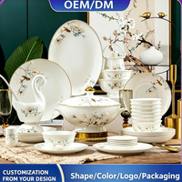 Service de vaisselle en céramique - Style chinois moderne et luxueux, motifs floraux et oiseaux, en porcelaine fine, compatible micro-ondes, décoration pour la maison