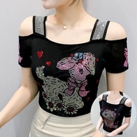 Camiseta de Fiesta para Mujer con Hombros Descubiertos, Pedrería de Rosas, Lentejuelas Brillantes, Ajuste Delgado, Manga Corta, Ideal para Discoteca