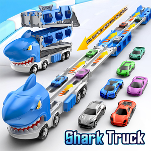 Camión de Juguete Plegable con Pista de Carreras y Cabeza de Tiburón, Transportador de Coches con 2 Vehículos de Aleación Fundida a Fricción para Niños - Product Image 2