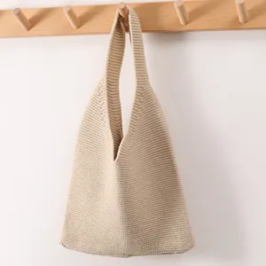 Fabriek Custom Gebreide Tas Dames Eenvoudige Schoudertas Kinderen Trend Tote Wol Strand Draagtas