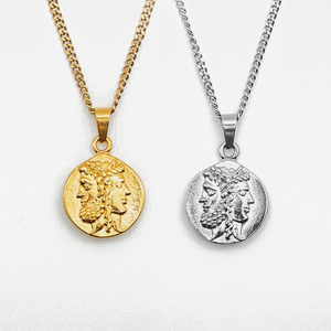 Collar con colgante de cara con chapado en oro de 18k, hecho a mano, <span class=keywords><strong>Zeus</strong></span>, herrra, Janiform, cabeza, mitología griega, moneda, regalo de joyería - Product Image 1
