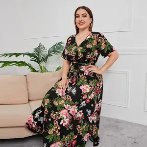 Nuevas señoras sueltas con cuello en V para mujer cintura elástica manga corta estampado Floral largo Maxi verano ropa de mujer de talla grande