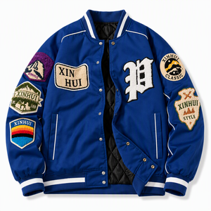 Men's Embroidered Patchwork Windproof Varsity Bomber Jacket Cotton Bamboo <b>Quilted</b> Lined Baseball Chenille Patch Zipper Closure - Product Image 6