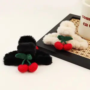 MIO Cute Crocheted Red Cherry Fluffy Hair Claw Clips for Women Girls Winter Fashion Handmade Long Hairy Clamp Clips Grips