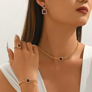 Geometric Necklace <b>Set</b> Gold Tone Square <b>Crystal</b> Pendant Earrings Ring Bracelet Party Jewelry Women Fashion - Product Image 2
