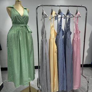 Robe d'été rayée à col en V pour <span class=keywords><strong>femme</strong></span>, robe deux pièces sexy sans manches taille haute pour <span class=keywords><strong>femme</strong></span>, tissu respirant - Product Image 1